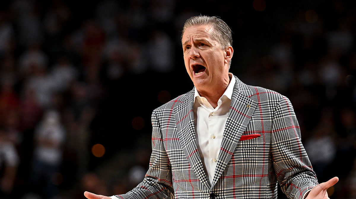 Arkansas Razorbacks head coach John Calipari reacts during the first half against the Texas A&M Aggies at Reed Arena. Mandatory Credit: Maria Lysaker-Imagn Images