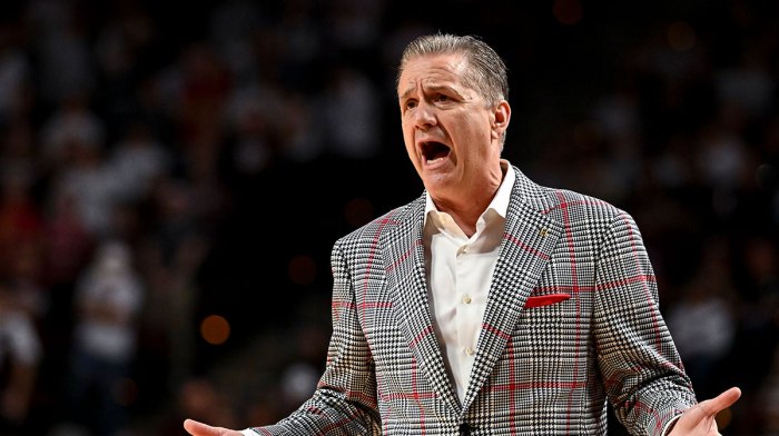 Arkansas Razorbacks head coach John Calipari reacts during the first half against the Texas A&M Aggies at Reed Arena. Mandatory Credit: Maria Lysaker-Imagn Images