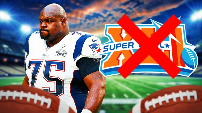 Vince Wilfork in a Patriots jersey with the Super Bowl 42 logo and a big red X going through the Super Bowl 42 logo.