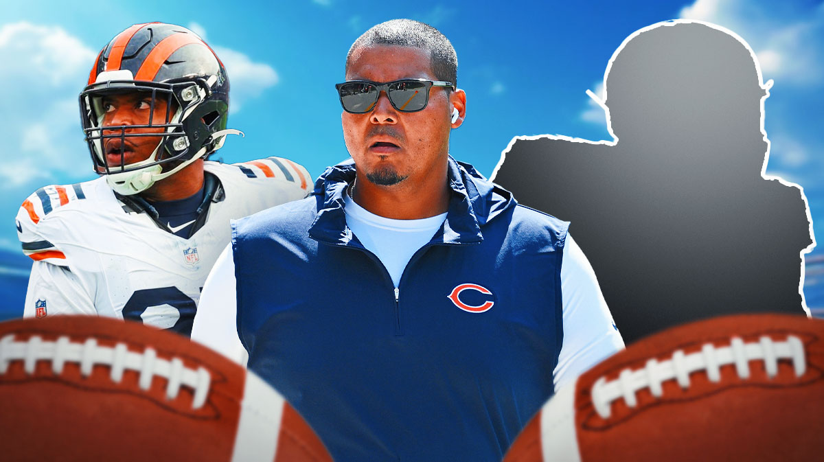 Chicago Bears general manager Ryan Poles next to DeMarcus Walker and the silhouette of Myles Garrett