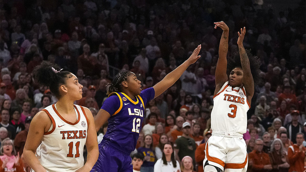 Texas Longhorns guard Rori Harmon (3) shoots the ball over LSU guard Mikaylah Williams (12) during during the game at the Moody Center on Sunday, Feb. 16, 2025.