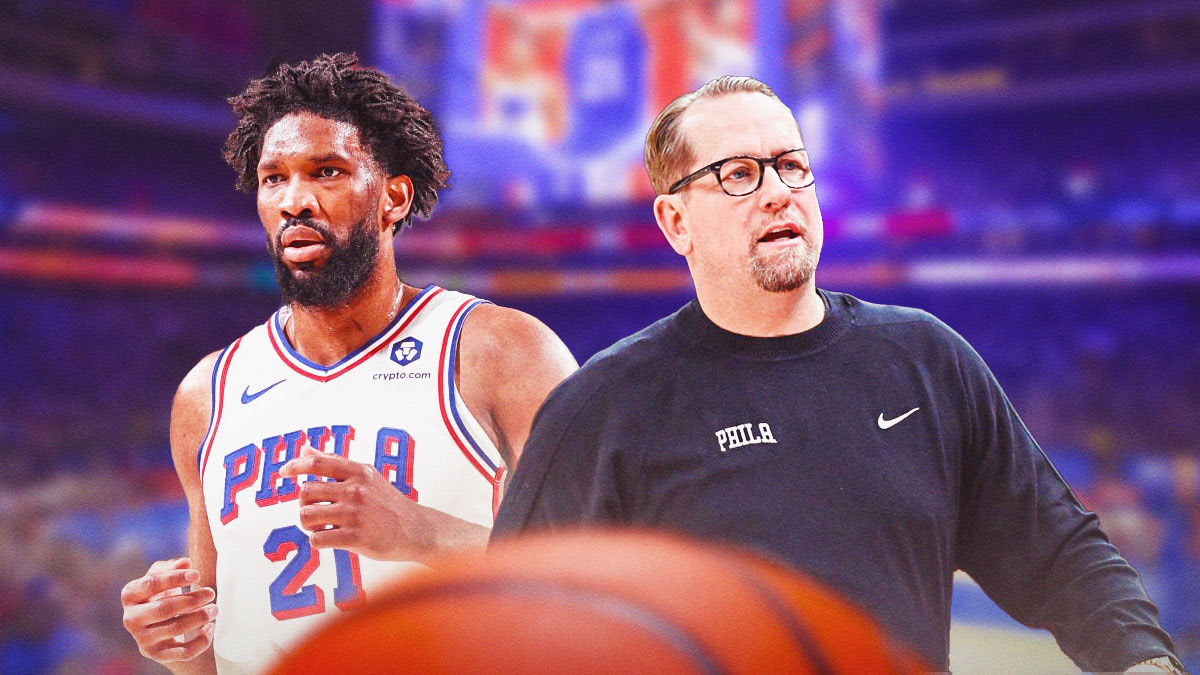 76ers C Joel Embiid next to HC Nick Nurse