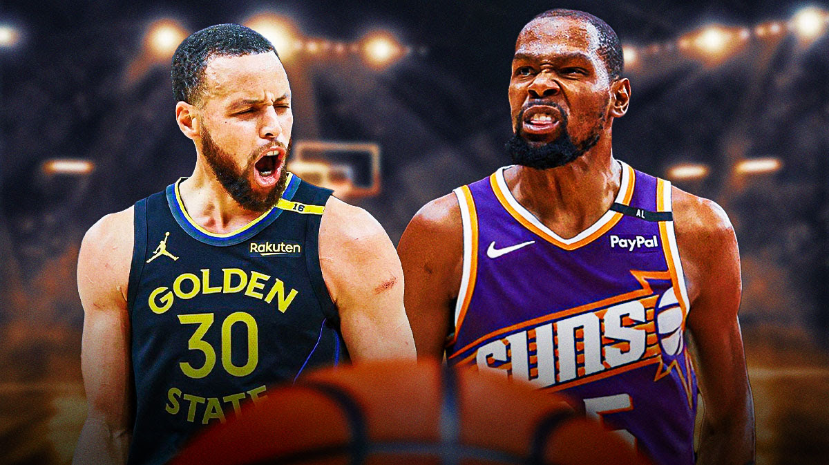 Warriors G Steph Curry next to Suns F Kevin Durant with Oracle Arena in background