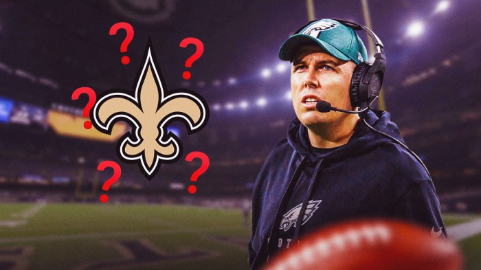 Eagles OC Kellen Moore next to a Saints logo surrounded by question marks