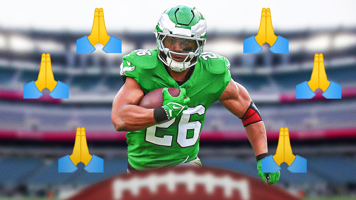 Eagles RB Saquon Barkley surrounded by prayer hands emoji
