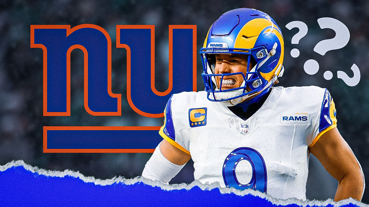 Rams QB Matt Stafford next to a New York Giants logo, surrounded by question marks