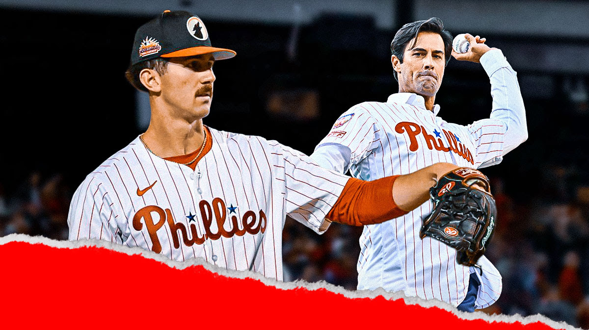 Phillies P Andrew Painter next to Phillies P Cole Hamels