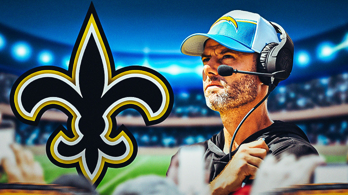 Former Chargers HC Brandon Staley next to a Saints logo