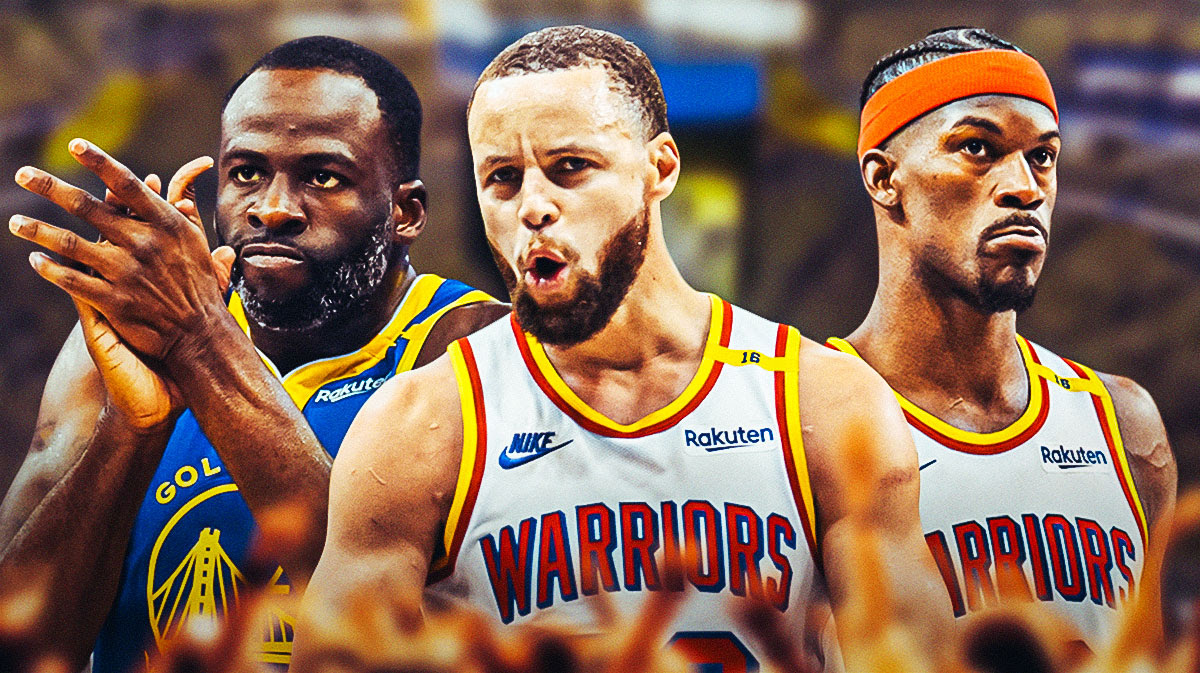 Warriors F Draymond Green next to G Steph Curry and G Jimmy Butler.