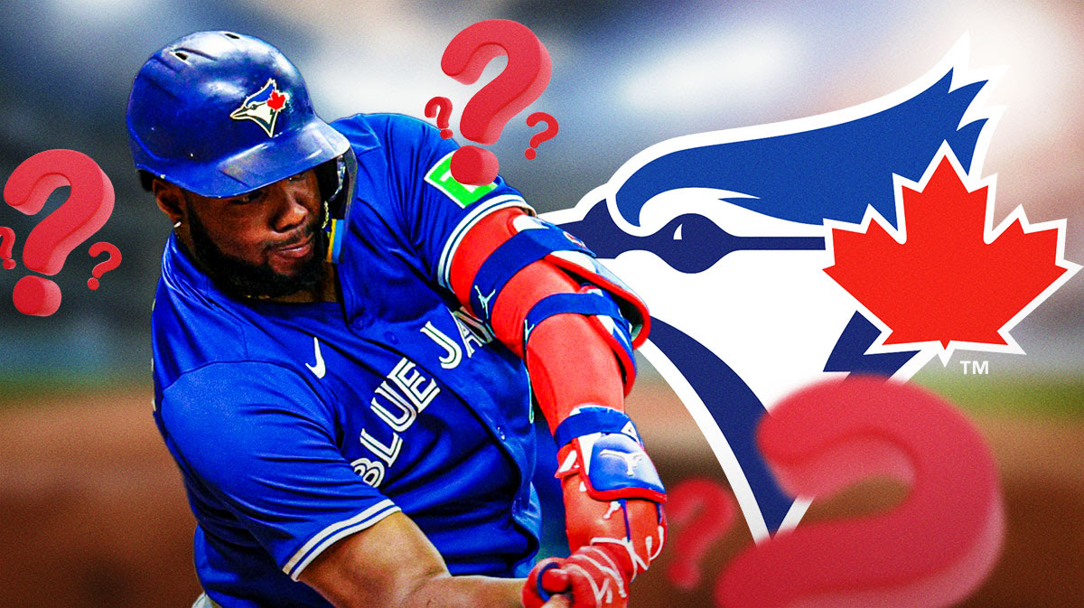 Blue Jays 1B Vladimir Guerrero Jr. next to a Blue Jays logo surrounded by question marks.