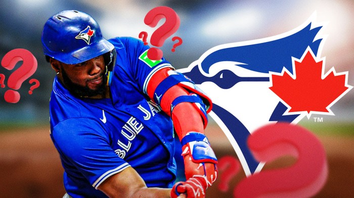 Blue Jays 1B Vladimir Guerrero Jr. next to a Blue Jays logo surrounded by question marks.