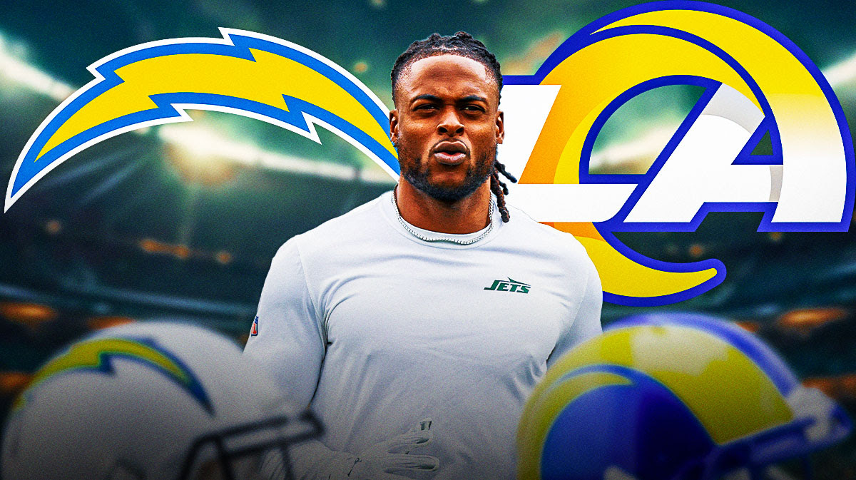 Davante Adams next to a Chargers and Rams logo, surrounded by question marks