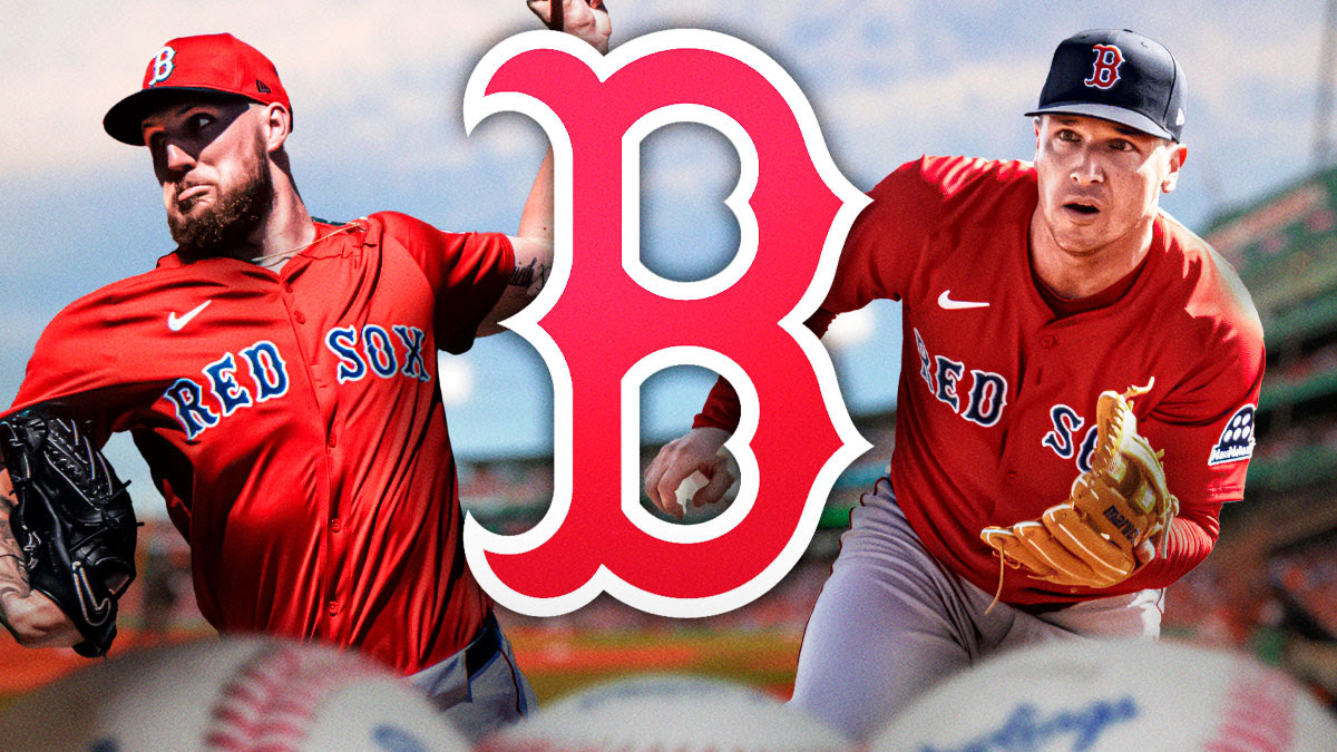 Alex Bregman and Garrett Crochet next to a Red Sox logo