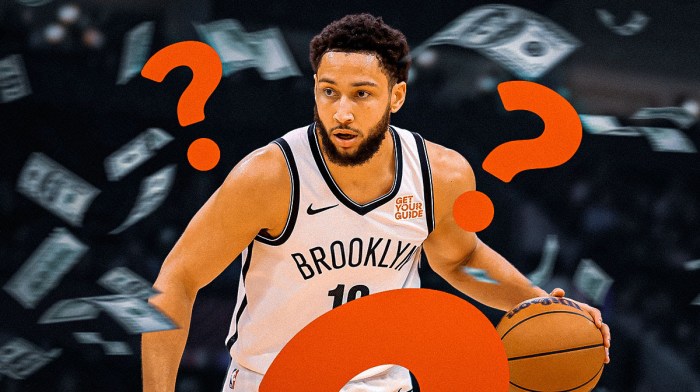 Nets' Ben Simmons surrounded by money emoji and question marks.