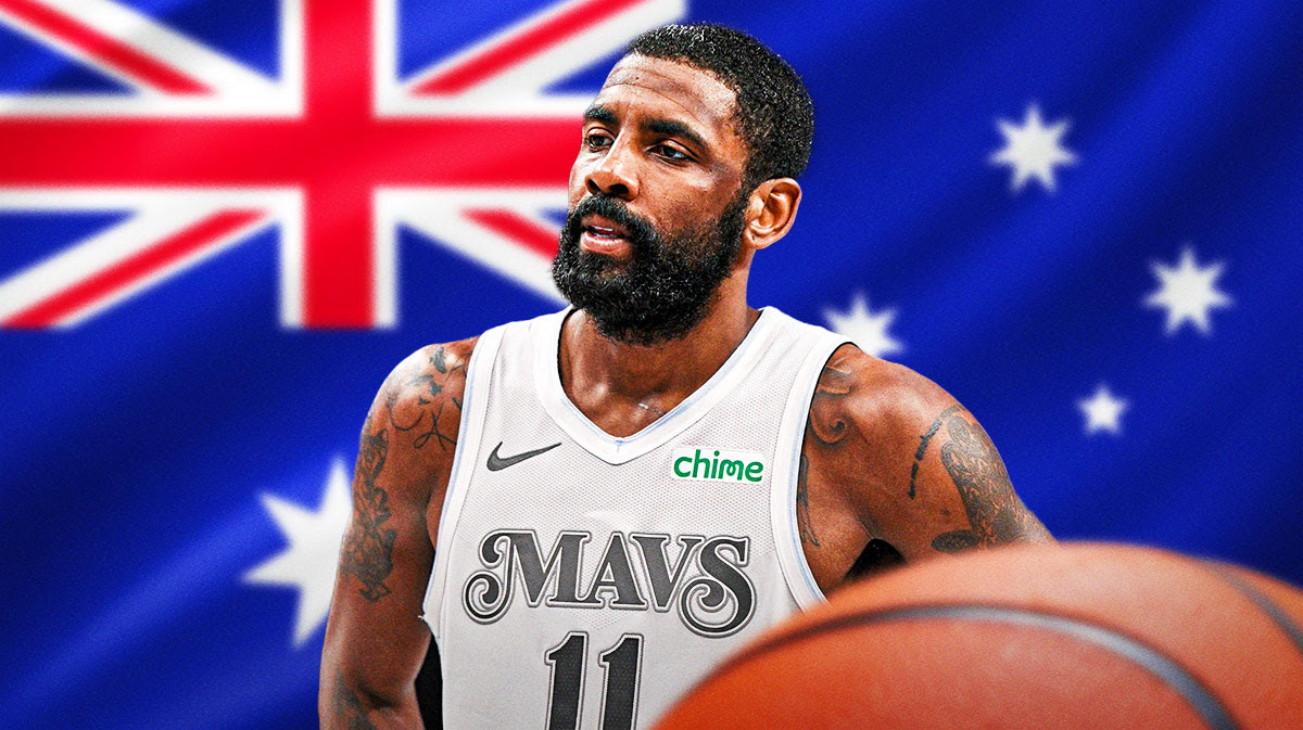 Mavericks G Kyrie Irving next to Australian flag surrounded by question marks