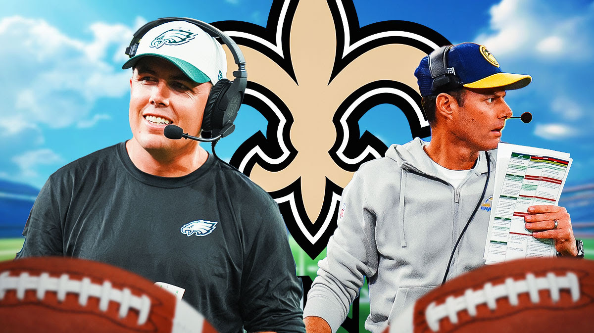 Kellen Moore next to Brandon Staley with a Saints logo in the background