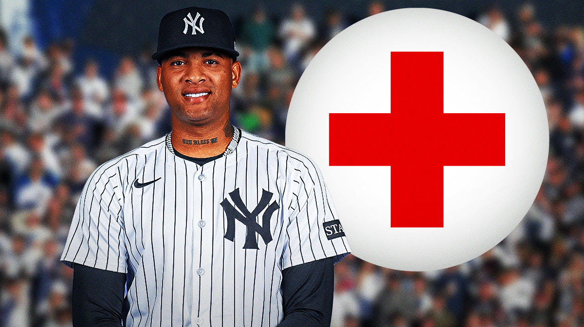 Yankees Luis Gil next to cross injury logo