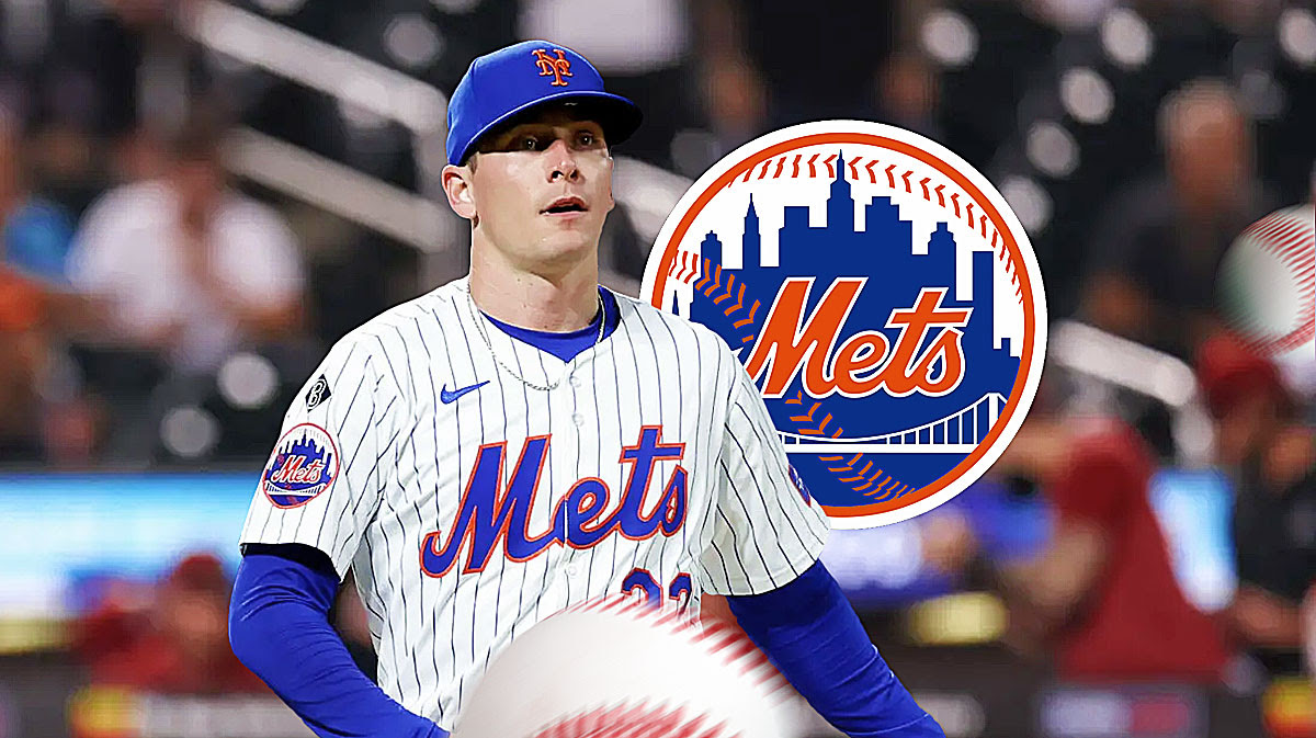 Pitcher Drew Smith next to Mets logo