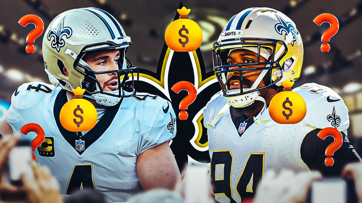 Derek Carr and Cam Jordan next to a Saints logo surrounded by money and question marks