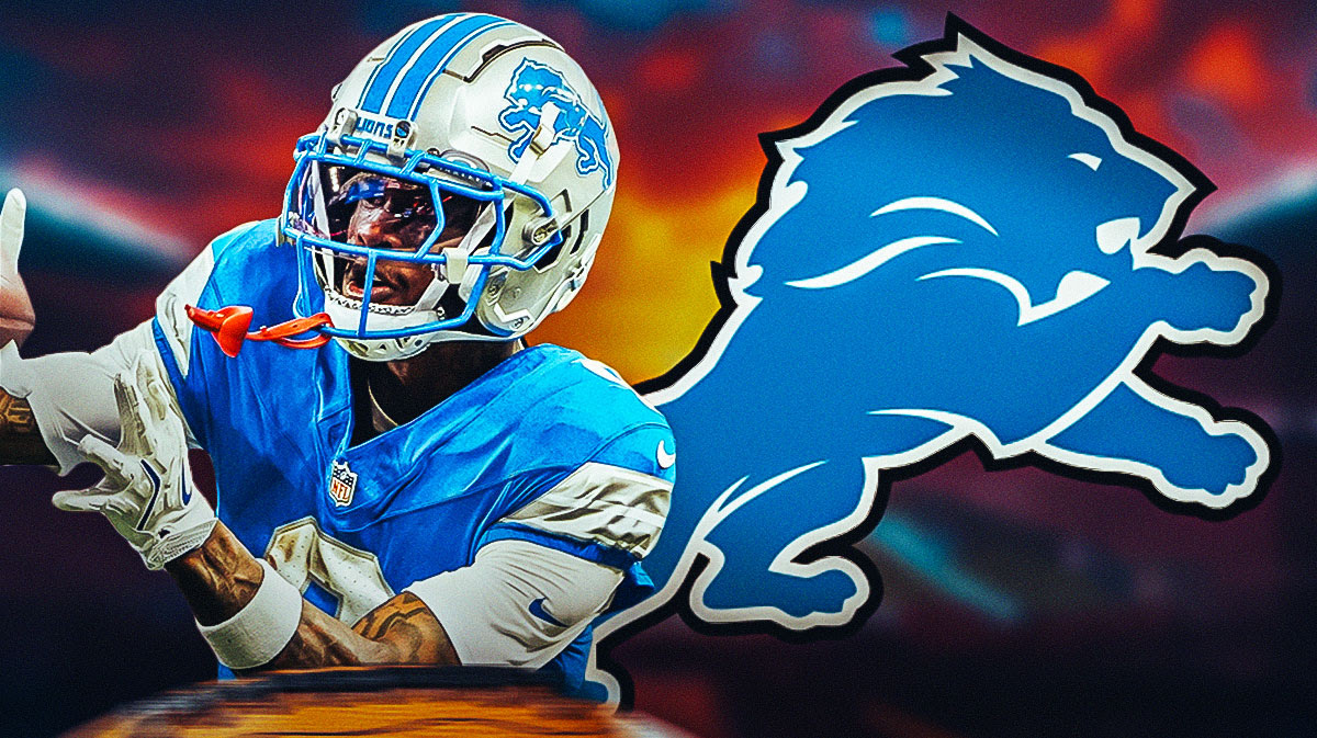 Lions WR Jameson Williams next to Lions logo