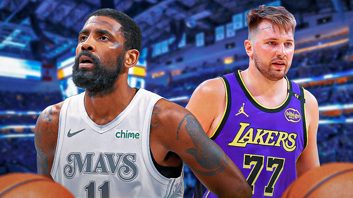 Mavericks G Kyrie Irving next to Lakers G Luka Doncic