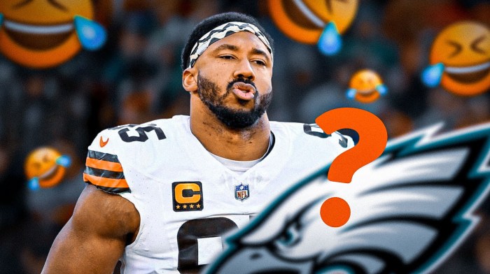 Myles Garrett surrounded by laughing emojis next to an Eagles logo by a question mark