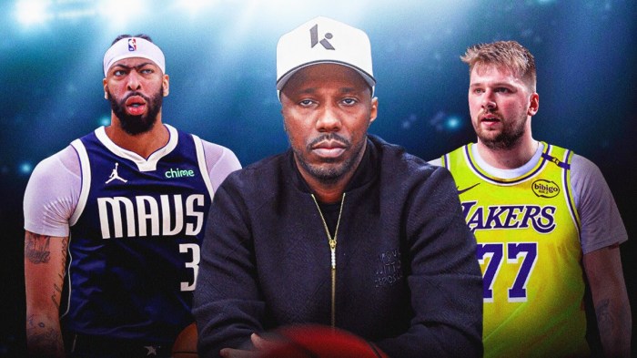 Rich Paul between Anthony Davis is Mavs jersey and Doncic in Lakers jersey