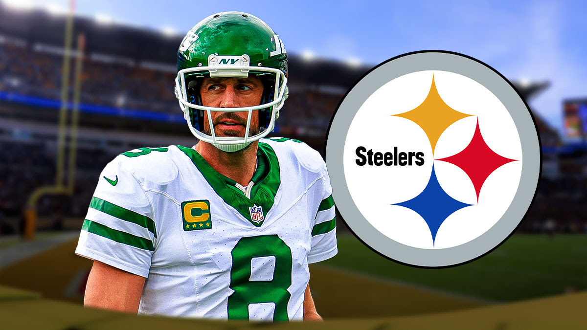 Aaron Rodgers next to a Steelers logo