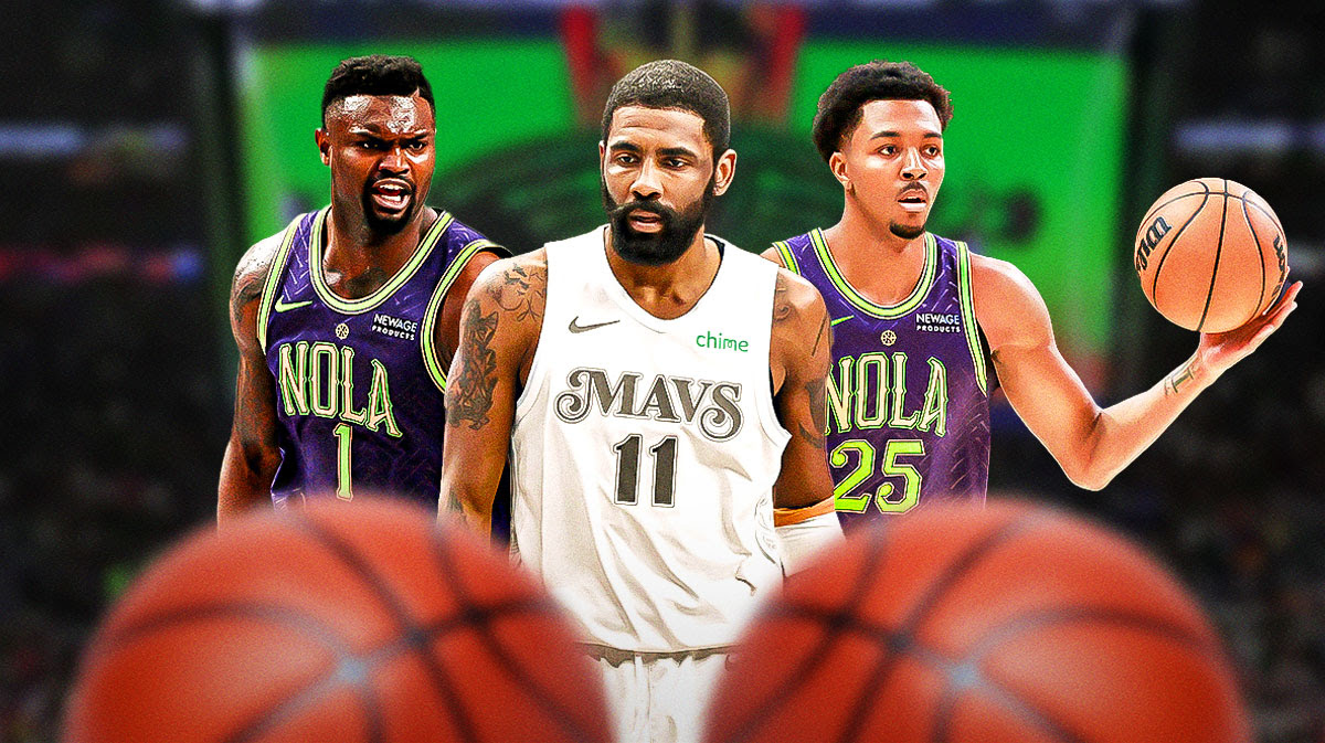 Pelicans F Zion Williamson and G Trey Murphy III with Mavericks G Kyrie Irving in middle