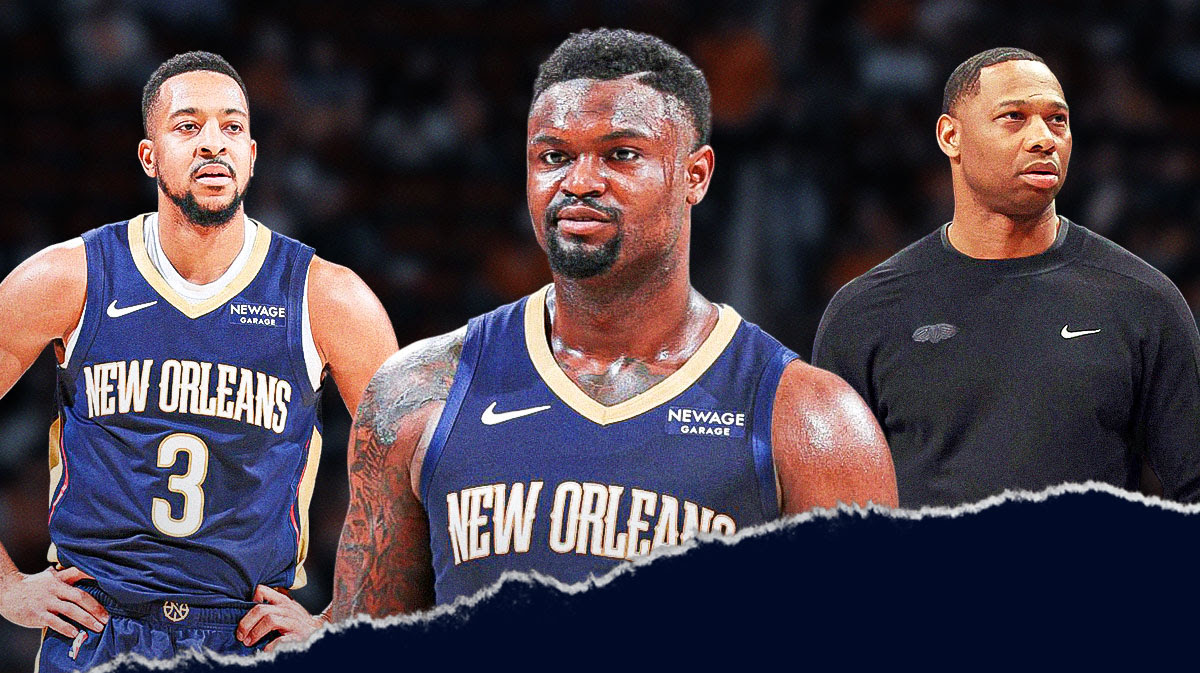 Pelicans F Zion Williamson next to HC Willie Green and G CJ McCollum