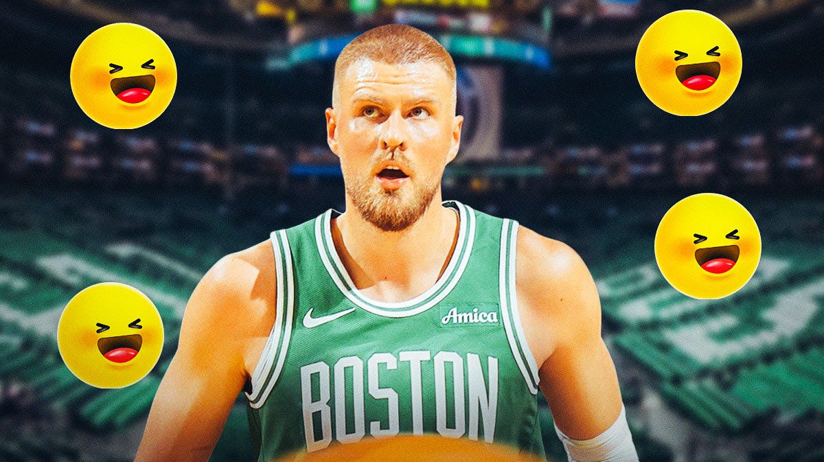 Celtics C Kristaps Porzingis surrounded by laughing emojis