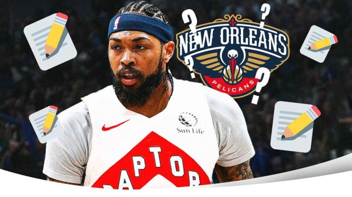 Brandon Ingram in Raptors jersey next to Pelicans logo surrounded by question marks, paper emoji