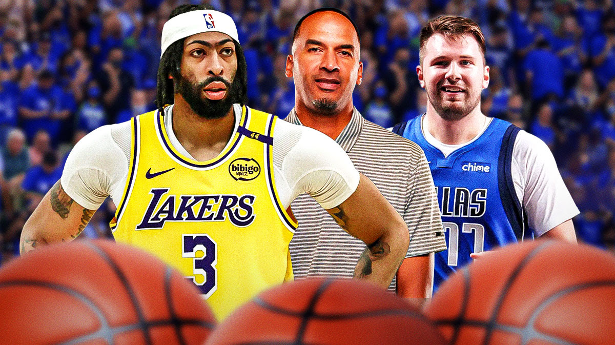 Anthony Davis, Nico Harrison, and Luka Doncic next to each other