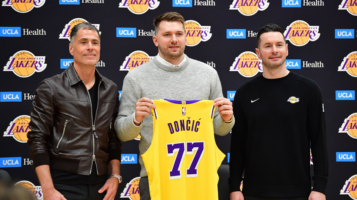 Los Angeles Lakers Guard Luka Dončić presents photos with the General Manager of Rob Pelinka and JJ Redick General Trainer at UCLA Training Health Center. 