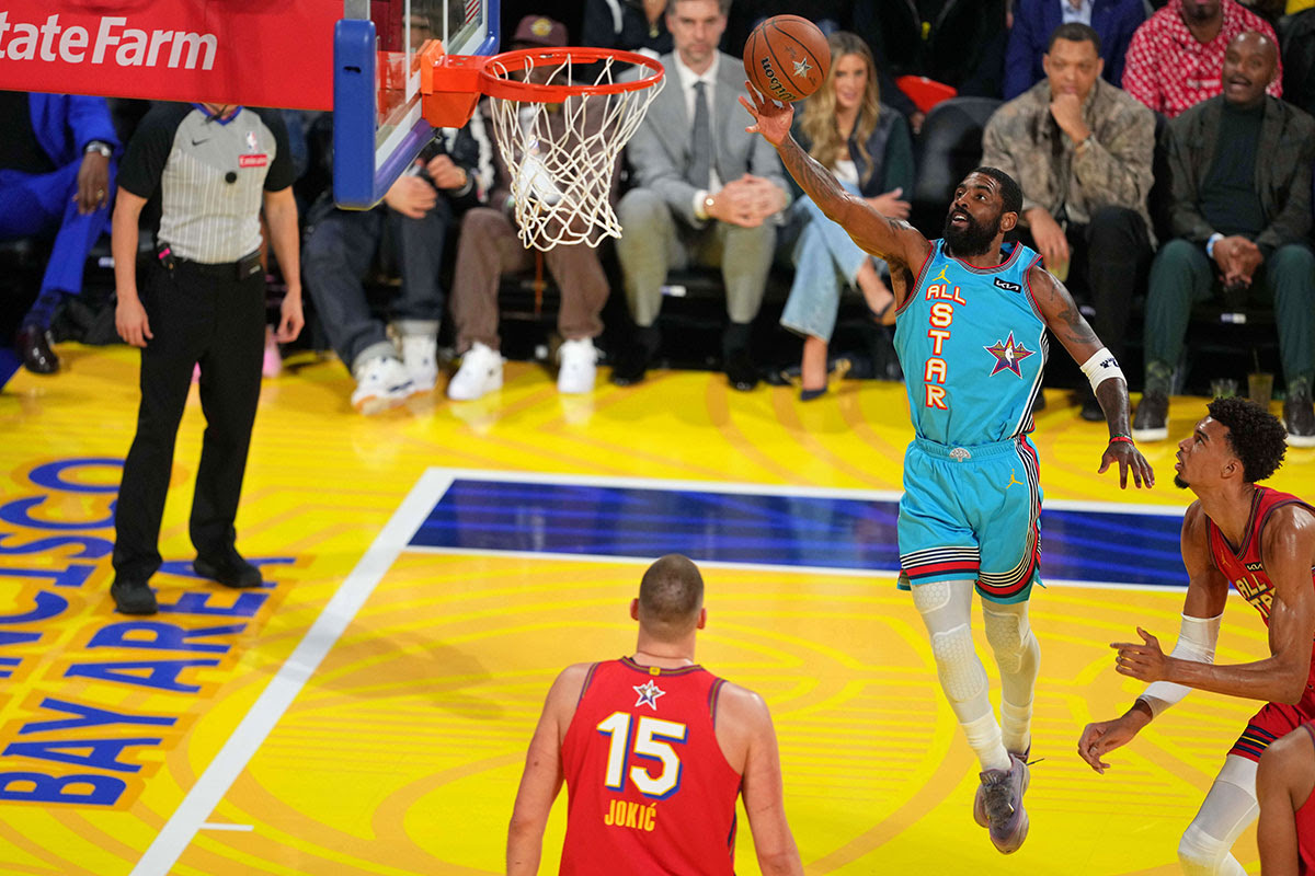 Shakis OGS Guard Kirie Irving (11) Dallas Mavericks shoots the ball against Chuckisa global star during 2025 NBA All Star Game in Chase Center.