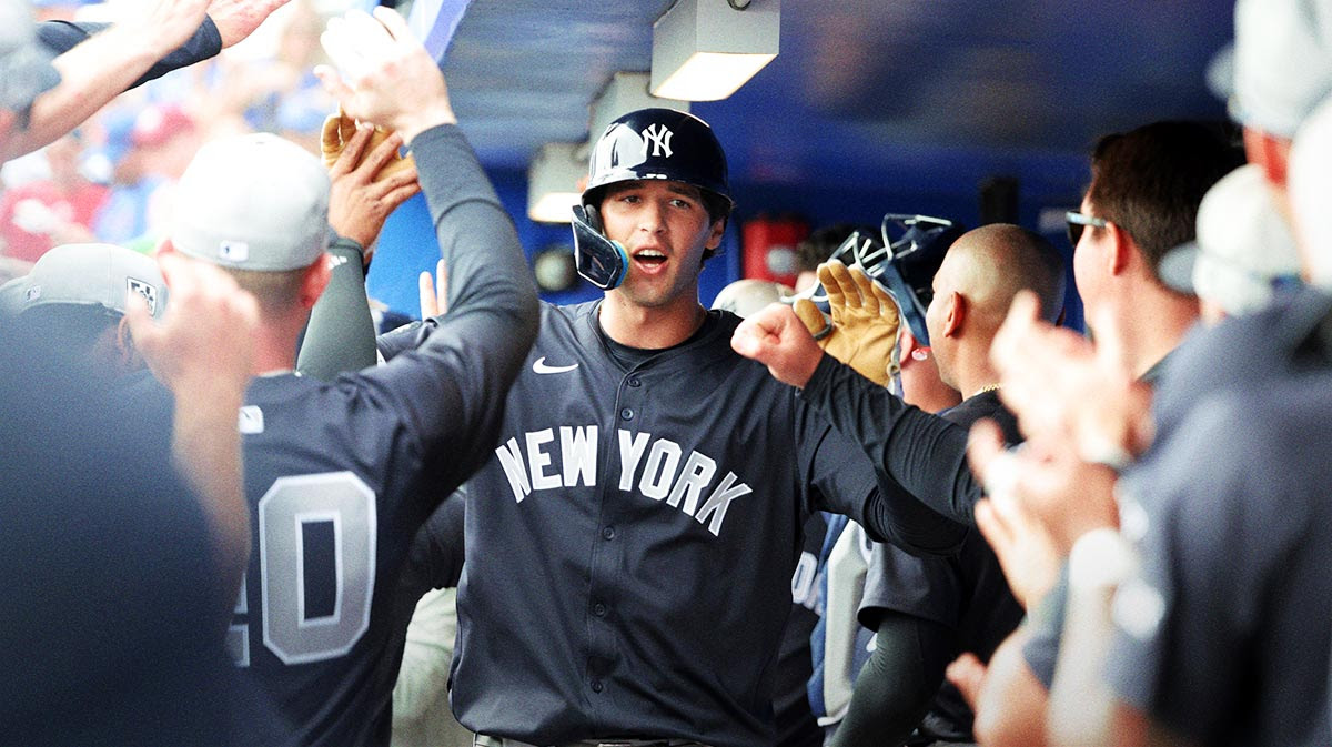 New York Yankees center fielder Spencer Jones (78) is congratulated after he hit a home run during the sixth inning against the Toronto Blue Jays at TD Ballpark.