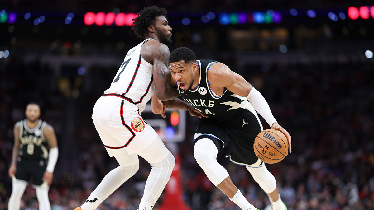 Milwaukee Bucks forward Giannis Antetokounmpo (34) drives with the ball as Houston Rockets forward Tari Eason (17) defends during the third quarter at Toyota Center.