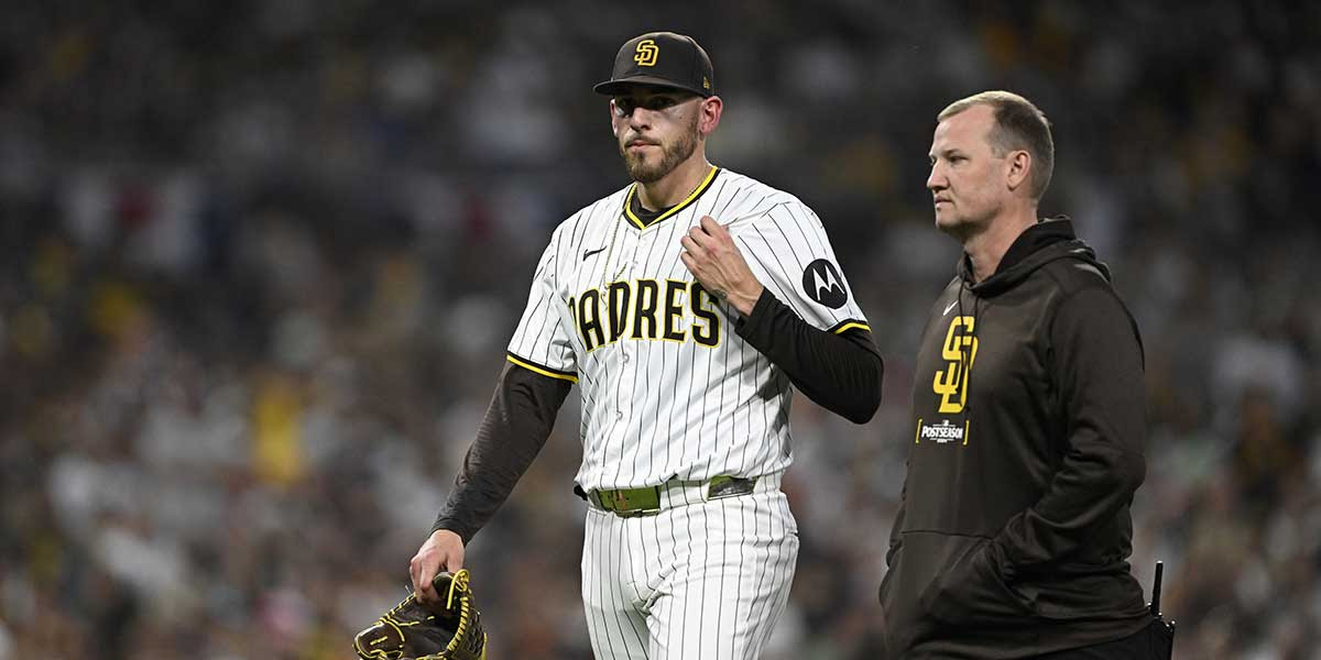 San Diego Padres pitcher Joe Musgrove (44) leaves the game during the fourth inning of game two in the Wildcard round for the 2024 MLB Playoffs against the Atlanta Braves at Petco Park.
