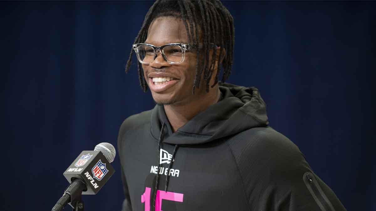 Colorado defensive back Travis Hunter (DB15) during the 2025 NFL Combine at Lucas Oil Stadium.