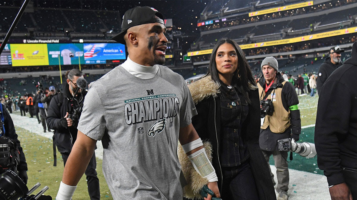 Philadelphia Eagles quarterback Jalen Hurts (1) walks off the field after win against the Washington Commanders in the NFC Championship game at Lincoln Financial Field.