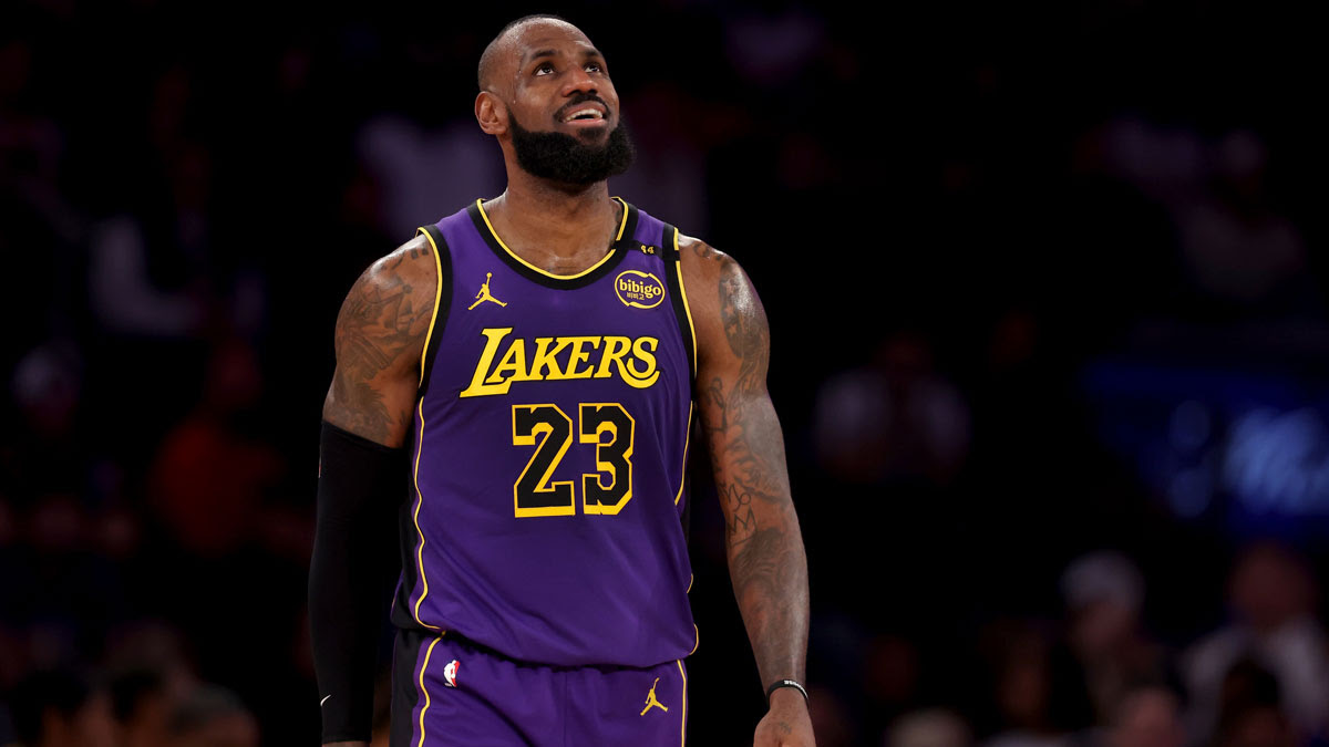 Los Angeles Lebron James (23) responds during the second quarter against New York Knicks in the Madison Square garden.