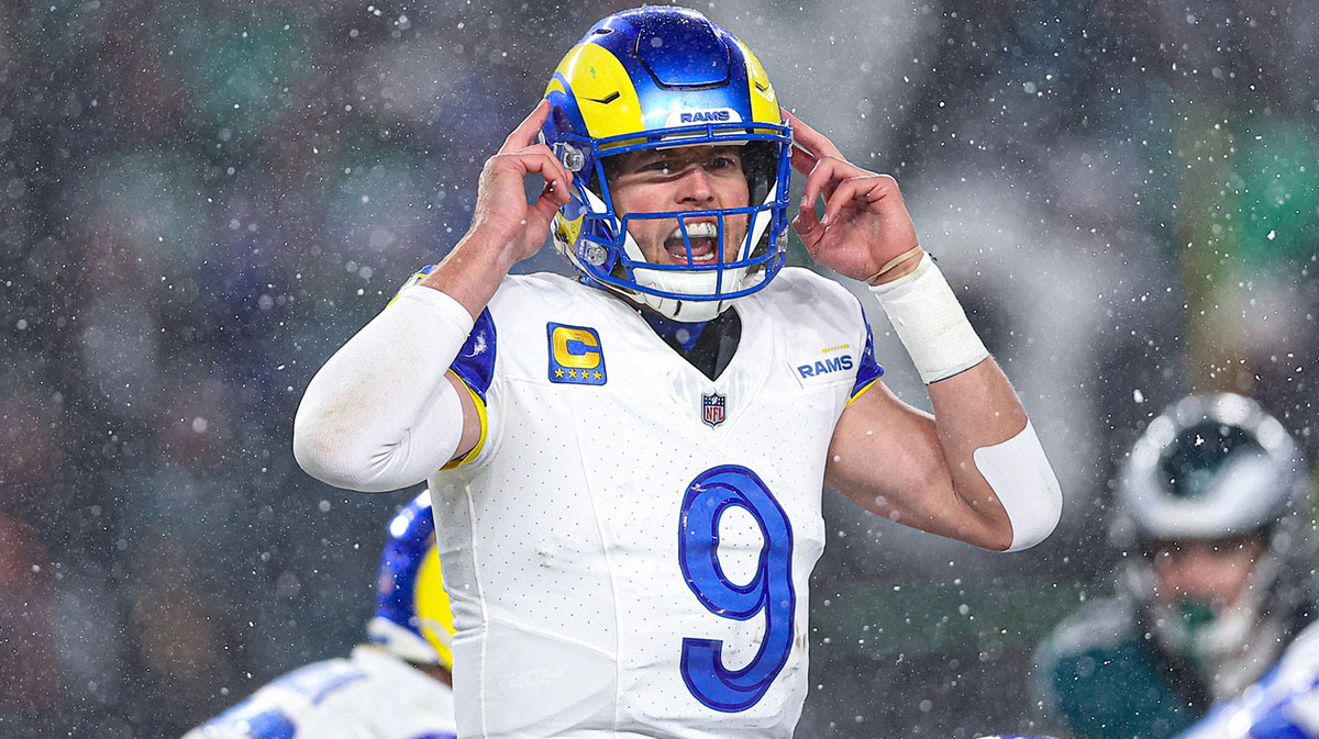 Los Angeles Rams quarterback Matthew Stafford (9) calls a play at the one of scrimmage against the Philadelphia Eagles in a 2025 NFC divisional round game at Lincoln Financial Field.