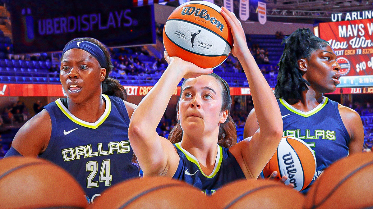 Wings Maddy Siegrist in front shooting a basketball. Wings Arike Ogunbowale on left, Wings Teaira McCowan on right.