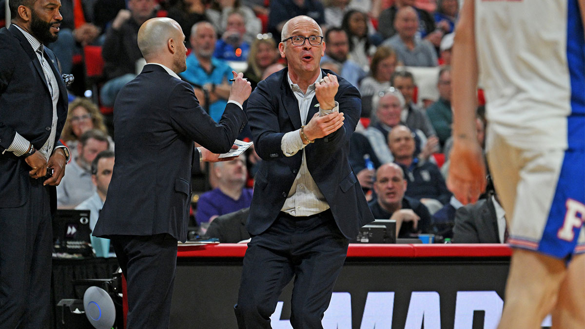 Connecticut Huskies head coach Dan Hurley reacts after a play during the second half against the Florida Gators in the second round of the NCAA Tournament at Lenovo Center.