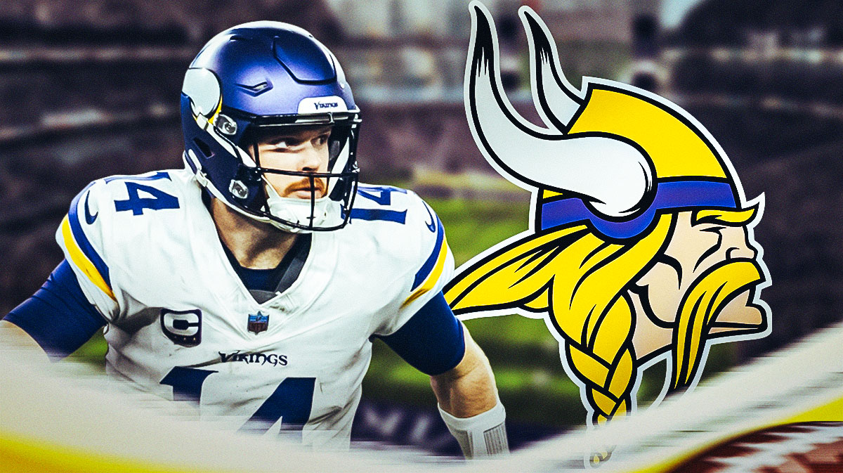 Sam Darnold next to two mystery quarterbacks and Vikings logo.