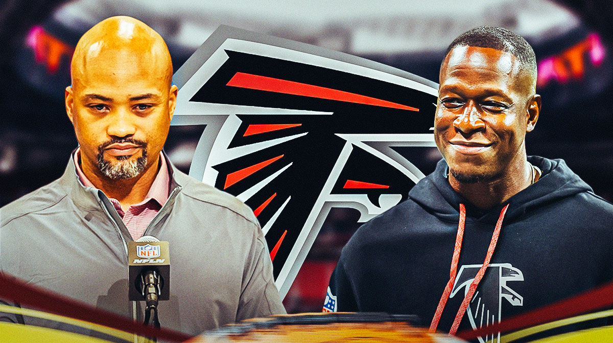 Falcons Terry Fontenot and Falcons Raheem Morris with Atlanta Falcons logo in middle in 2025 NFL offseason free agency
