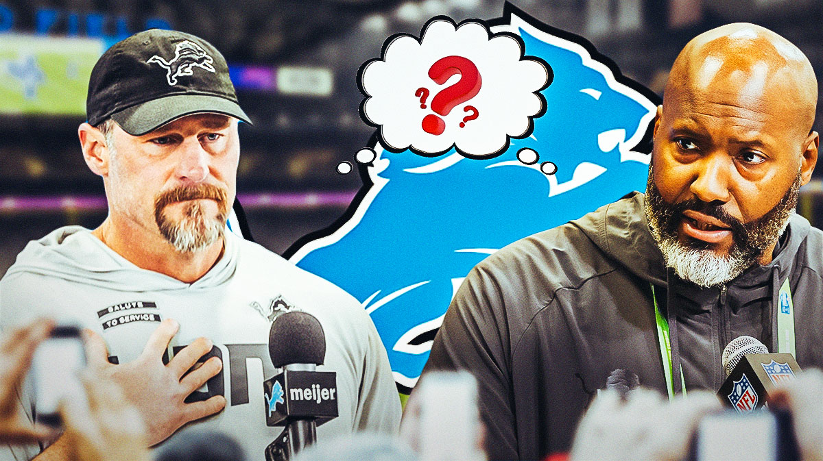 Detroit Lions head coach Dan Campbell with GM Brad Holmes. They have a joint thought bubble with a big question mark emoji inside. There is also a logo for the Detroit Lions.
