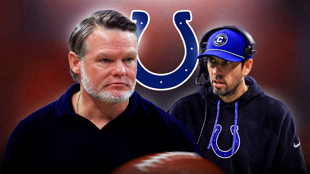 Colts Chris Ballard and Colts Shane Steichen with Indianapolis Colts logo in background in 2025 NFL offseason