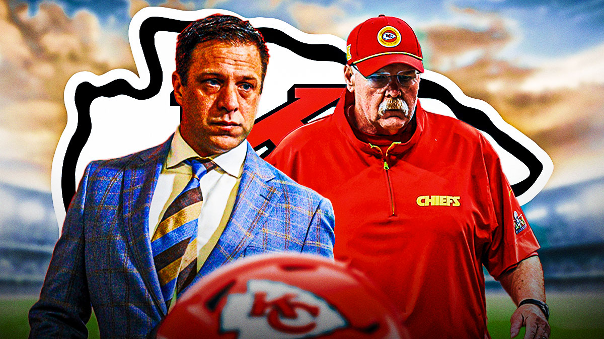 Chiefs Brett Veach and Chiefs Andy Reid with Kansas City Chiefs logo in the middle in 2025 NFL offseason