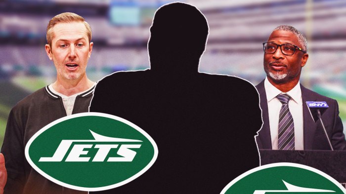Darren Mougey and Aaron Glenn next to mystery player with Jets logo.